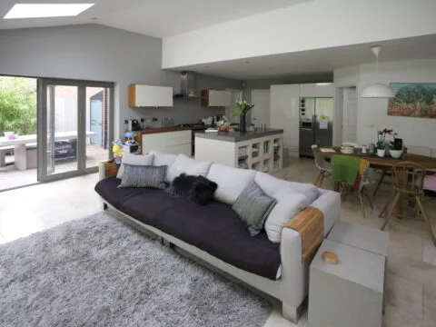 Completed extension looking at the sofa and kitchen island