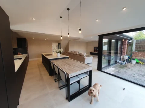 Large kitchen island in open-plan kitchen